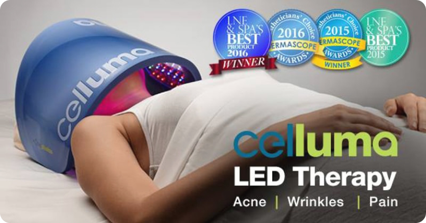 Client receiving Celluma LED Therapy, an award-winning light treatment for acne, wrinkles, and pain relief.